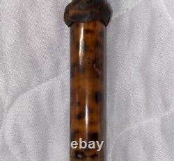 Canne de marche vintage en bois/horn sculpté d'art populaire antique, bouton de swagger 36.5 #fh