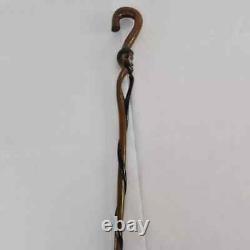 Canne en bois sculptée à la main, art populaire ancien, homme à la barbe tourbillonnante