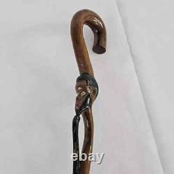 Canne en bois sculptée à la main, art populaire ancien, homme à la barbe tourbillonnante