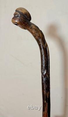 Canne en bois sculptée à la main, singe lézard, art populaire du XIXe siècle