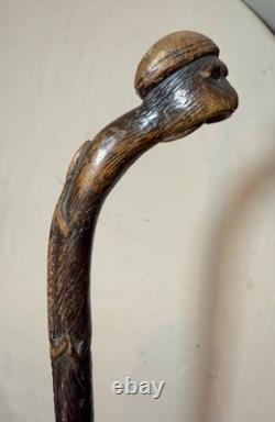 Canne en bois sculptée à la main, singe lézard, art populaire du XIXe siècle