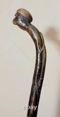 Canne en bois sculptée à la main, singe lézard, art populaire du XIXe siècle
