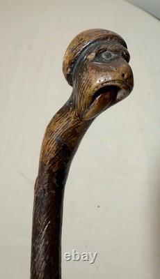 Canne en bois sculptée à la main, singe lézard, art populaire du XIXe siècle