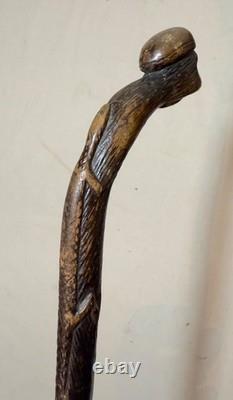 Canne en bois sculptée à la main, singe lézard, art populaire du XIXe siècle