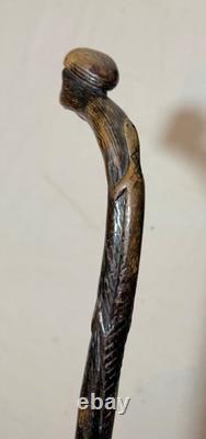 Canne en bois sculptée à la main, singe lézard, art populaire du XIXe siècle