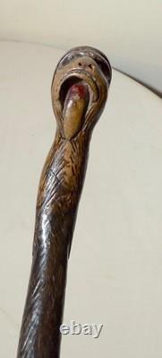 Canne en bois sculptée à la main, singe lézard, art populaire du XIXe siècle