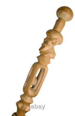 Canne en bois sculptée de l'art populaire américain ancien avec tête et boules captives doubles des années 1900