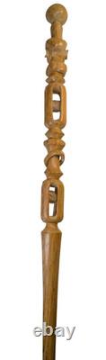 Canne en bois sculptée de l'art populaire américain ancien avec tête et boules captives doubles des années 1900