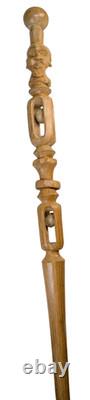 Canne en bois sculptée de l'art populaire américain ancien avec tête et boules captives doubles des années 1900
