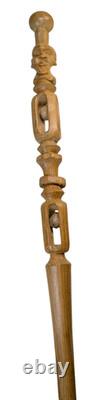 Canne en bois sculptée de l'art populaire américain ancien avec tête et boules captives doubles des années 1900