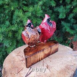 Cardinal Couple Chainsaw Wood Carving Ooak Folk Art
