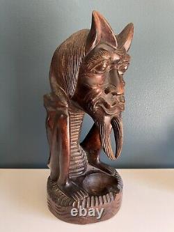 Cendrier en bois sculpté détaillé vintage de démon diable Art populaire Halloween Tiki 15 pouces