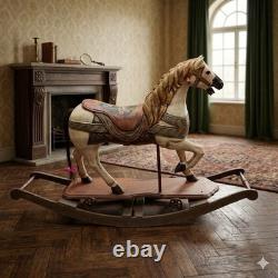 Cheval à bascule ancien en bois sculpté à la main, art populaire peint décoratif de carrousel