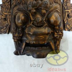 Chinese Folk Art Main En Bois Sculptée Nuo Mask Walldecor-dragon King Déité 17tall