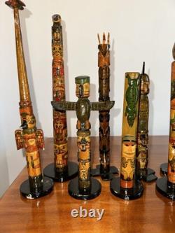 Collection de Totems Anciens en Bois Sculpté et Peints à la Main - Une Folklore Étonnante