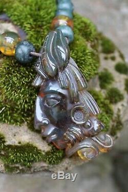 Collier Ambre Sculpté À La Main Pakal Roi Maya De Palenque Chiapas Au Mexique Folk Art