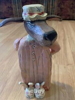 Connie Roberts Caw Wood Sculpté Big Bad Wolf Whistle Folk Art Figurine Whistle