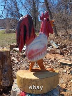 Coq unique sculpté à la tronçonneuse, poulet en bois de 22 pouces de haut