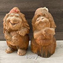 Couple de trolls en bois sculpté à la main norvégien vintage Henning, art populaire signé 8