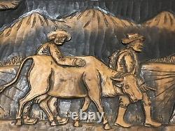 Cowboys De Plaque En Bois Sculpté D'art Populaire Vintage Avec Taureau