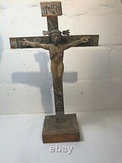 Croix Mexicaine Avec Le Christ Antique Véritable Art Folklorique Sculpté À La Main Peint Vintage