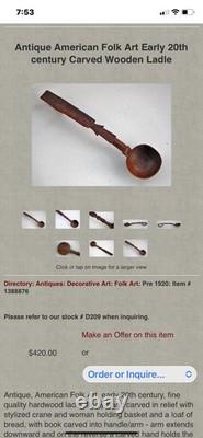 Cuillère en bois et lot de 8 cuillères antiques et vintage en art populaire primitif sculpté en bois