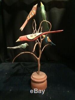 Dan Donna Strawser Sculpté Bois, Folk Art, Arbre Painted Bird, 5 Oiseaux, 1990,16in