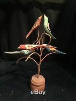 Dan Donna Strawser Sculpté Bois, Folk Art, Arbre Painted Bird, 5 Oiseaux, 1990,16in