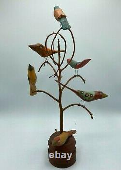 Daniel & Donna Strawser Grand 18 Folk Art Hand Sculpté Et Peint 6 Oiseaux Dans L’arbre