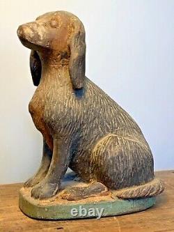 Début Du 20ème Siècle Folk Art Hand Carved Wood Dog Spaniel Sculpture Peinte