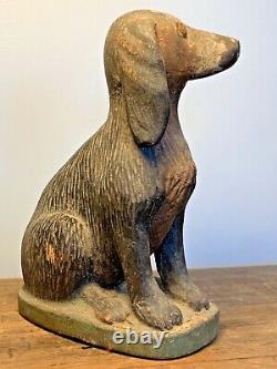 Début Du 20ème Siècle Folk Art Hand Carved Wood Dog Spaniel Sculpture Peinte