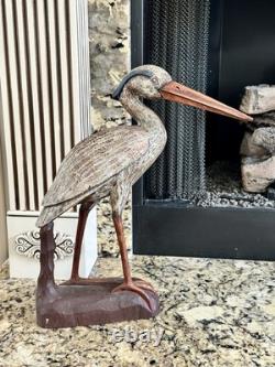 Déco de canard en bois sculpté à la main en forme de héron bleu vintage, sculpture folk art large, rare