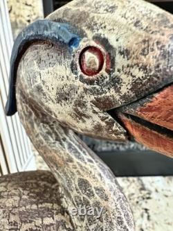 Déco de canard en bois sculpté à la main en forme de héron bleu vintage, sculpture folk art large, rare