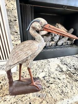 Déco de canard en bois sculpté à la main en forme de héron bleu vintage, sculpture folk art large, rare