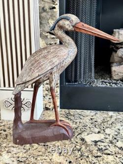 Déco de canard en bois sculpté à la main en forme de héron bleu vintage, sculpture folk art large, rare