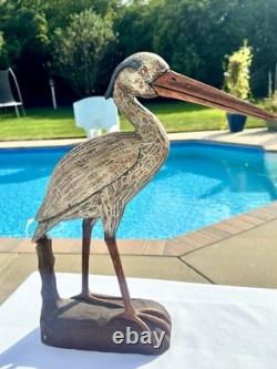 Déco de canard en bois sculpté à la main en forme de héron bleu vintage, sculpture folk art large, rare