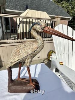Déco de canard en bois sculpté à la main en forme de héron bleu vintage, sculpture folk art large, rare