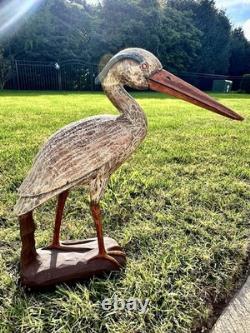 Déco de canard en bois sculpté à la main en forme de héron bleu vintage, sculpture folk art large, rare