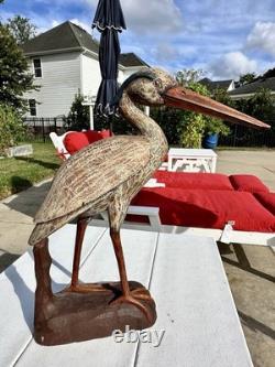 Déco de canard en bois sculpté à la main en forme de héron bleu vintage, sculpture folk art large, rare