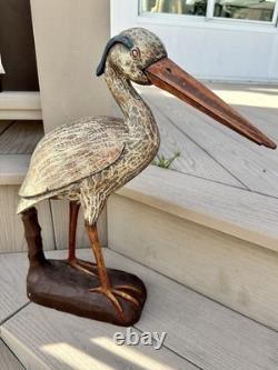 Déco de canard en bois sculpté à la main en forme de héron bleu vintage, sculpture folk art large, rare