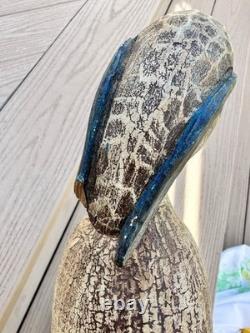 Déco de canard en bois sculpté à la main en forme de héron bleu vintage, sculpture folk art large, rare