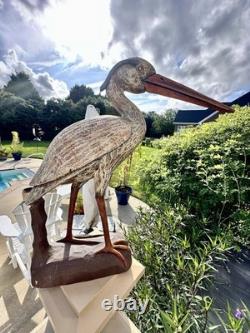 Déco de canard en bois sculpté à la main en forme de héron bleu vintage, sculpture folk art large, rare