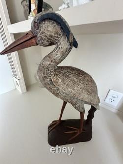 Déco de canard en bois sculpté à la main en forme de héron bleu vintage, sculpture folk art large, rare
