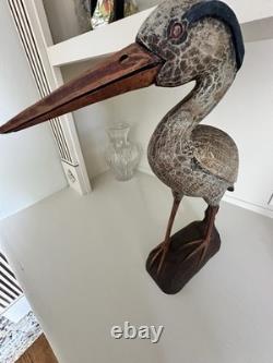 Déco de canard en bois sculpté à la main en forme de héron bleu vintage, sculpture folk art large, rare