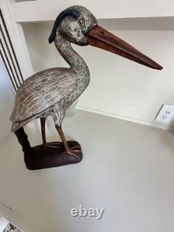Déco de canard en bois sculpté à la main en forme de héron bleu vintage, sculpture folk art large, rare