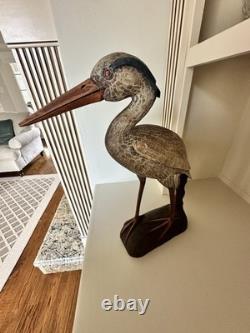 Déco de canard en bois sculpté à la main en forme de héron bleu vintage, sculpture folk art large, rare