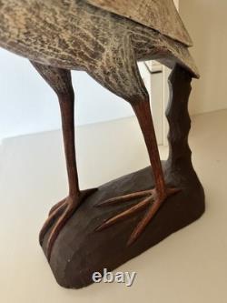 Déco de canard en bois sculpté à la main en forme de héron bleu vintage, sculpture folk art large, rare