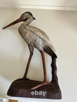 Déco de canard en bois sculpté à la main en forme de héron bleu vintage, sculpture folk art large, rare