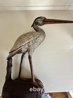 Déco de canard en bois sculpté à la main en forme de héron bleu vintage, sculpture folk art large, rare