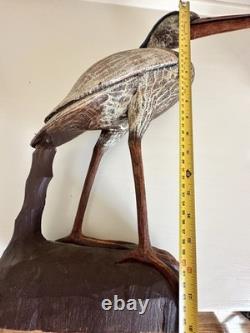 Déco de canard en bois sculpté à la main en forme de héron bleu vintage, sculpture folk art large, rare